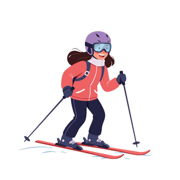 Woman skiing downhill wearing purple helmet and red jacket enjoying winter sport activity outdoors 