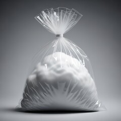 A clear plastic bag filled with fluffy white material tied at the top and isolated on white background