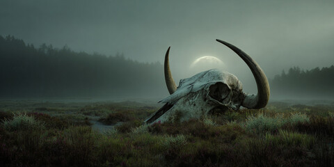 Obraz premium Dramatic landscape with buffalo skull in foggy meadow at dusk - AI generated