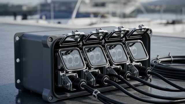 Weatherproof shorepower distro enclosure with multiple bus connections featuring sealed lids and robust cable strain relief.