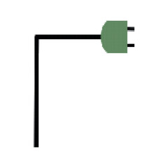 Green pixel electric plug on white background, plug with long black cord in cartoon style for games and websites, gaming user interface
