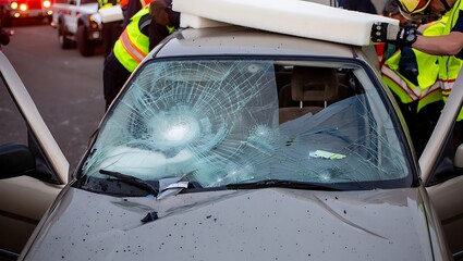 Obraz premium Emergency Responders Carefully Remove Debris After Serious Vehicle Accident