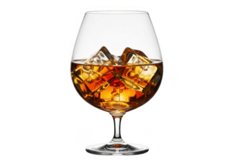 Brandy snifter glass with ice and amber liquid isolated on transparent background