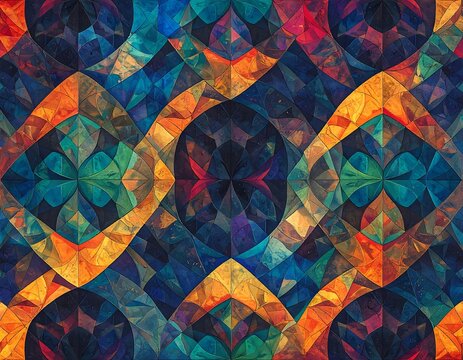 Abstract, vibrant pattern with interlocking, geometric shapes in various colors