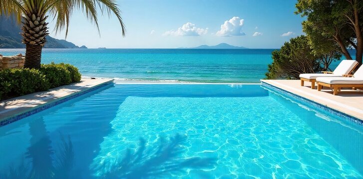 Sparkling Blue Swimming Pool Beckons on a Sunny Summer Day, Perfect for Relaxation and Leisure