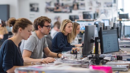 Creative team collaborates in a modern office space during work hours on projects and ideas