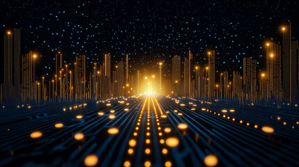 Futuristic cityscape with glowing skyscrapers and digital elements, creating vibrant atmosphere of innovation and technology