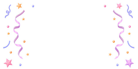 Obraz premium Frame with 3d vector confetti. Firecracker with serpentine, stars, stick, circle, tinsel. Birthday party elements, Christmas and New Year template for invitation, greeting card, banner with copy space