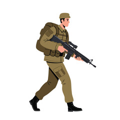 Fototapeta premium Soldier walking with rifle in military uniform and tactical gear vector illustration 