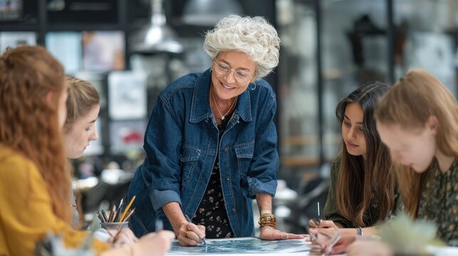 Older woman facilitates an art class with young adults in a creative studio setting during the day