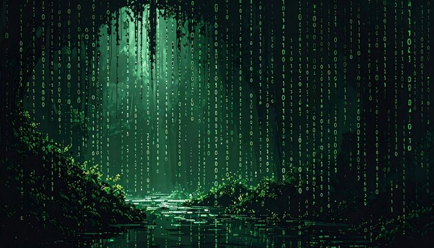 Pixelated forest scene with binary code