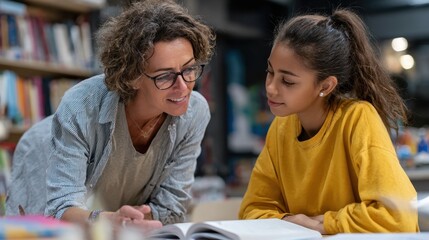 Teacher assists student with homework in a cozy library setting during the afternoon