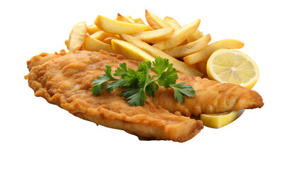 Classic fish and chips with lemon and parsley isolated on transparent background, a delicious and satisfying meal for any time of day