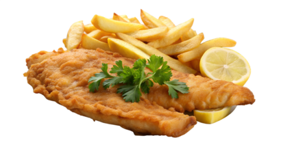 Classic fish and chips with lemon and parsley isolated on transparent background, a delicious and satisfying meal for any time of day