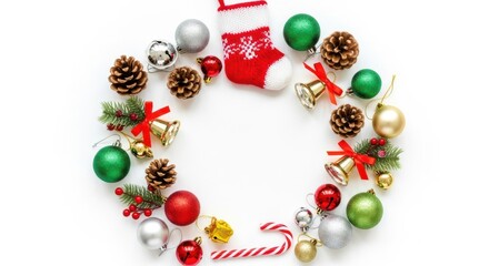 Festive Christmas Wreath Decorations Scattered Circularly on White Background