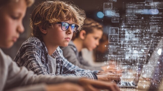 Young students engaged in coding lesson with digital overlays in a classroom setting during the evening - Powered by Adobe