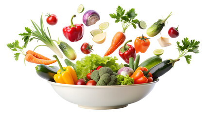 A vibrant bowl of fresh vegetables isolated on transparent background, showcasing a colorful assortment of healthy ingredients for a nutritious and balanced diet