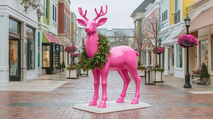 Festive pink deer statue adorned with a wreath, standing in a pedestrian area with colorful storefronts, adding a touch of whimsical holiday cheer.