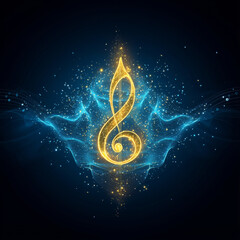 Glowing treble clef surrounded by vibrant sound waves and sparkling particles creates mesmerizing visual experience