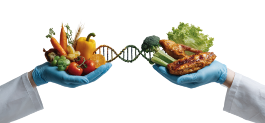 Two hands in blue gloves hold different food groups, one with vegetables and the other with chicken and vegetables. A DNA strand connects the two hands