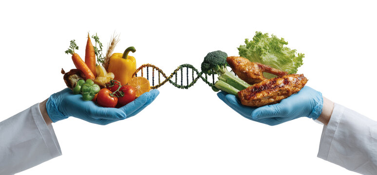 Two hands in blue gloves hold different food groups, one with vegetables and the other with chicken and vegetables. A DNA strand connects the two hands
