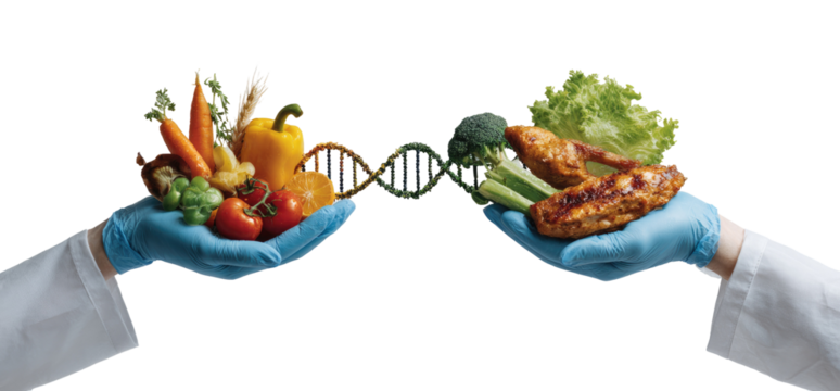 Two hands in blue gloves hold different food groups, one with vegetables and the other with chicken and vegetables. A DNA strand connects the two hands