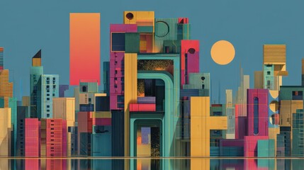 Fototapeta premium Vibrant abstract city skyline at dusk with bold colors and geometric shapes reflecting in water