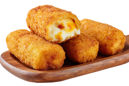 Three golden-brown, breaded cheese sticks, stacked on a light-brown wooden platter.  One stick is sliced open, revealing melted cheese within