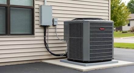 Outdoor air conditioning unit installed next to a residential building exterior
