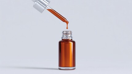 Serum Dropper: Extracting liquid from glass bottle with dropper, minimal beauty & wellness concept, skin hydration, aromatherapy, organic medicine.