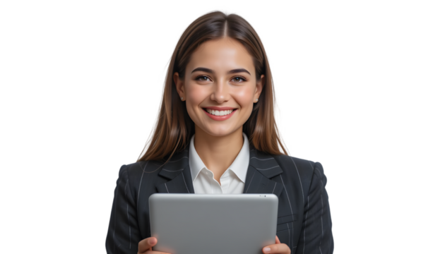 Smiling businesswoman holding tablet isolated on transparent background, portrait