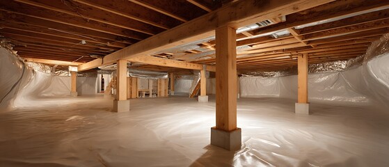 Crawl space with vapor barrier and beams for clean house protection
