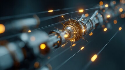A closeup of a robots sensor array highlighting its data transmission capability over a 6G slice illustrated with glowing indicators that signal robustness against network disturbances.