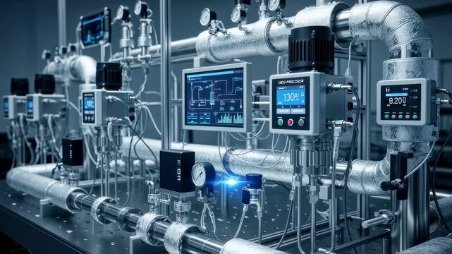 Conceptual hydrogen aircraft fuel system test bench featuring insulated pipes and highprecision flow regulators emphasizing clean energy innovation.