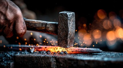 Blacksmith hammering hot iron with sparks flying