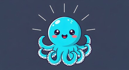 Cute cartoon blue octopus with a happy face and tentacles, radiating joy and excitement with bright lines around its head, isolated on a dark background