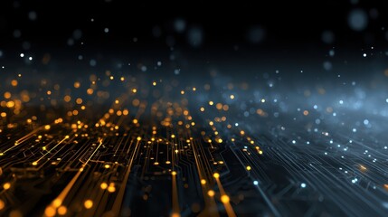 Obraz premium Detailed circuitry design illuminated by a mix of warm orange and cool blue lights in a dark environment