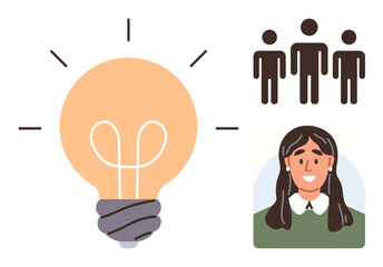 Light bulb symbolizes innovation, smiling woman represents leadership, and team icons signify collaboration. Ideal for creativity, teamwork, leadership, innovation, brainstorming, success