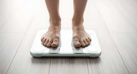 A persons bare feet standing on a digital scale on a wooden floor, representing weight loss and health