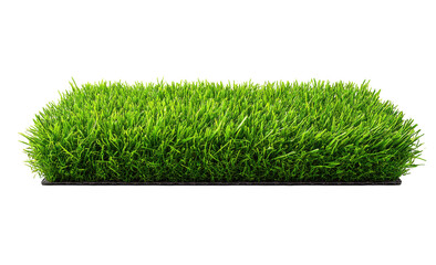 Close-up of a rectangular patch of vibrant green artificial grass, neatly trimmed and sitting atop a dark base