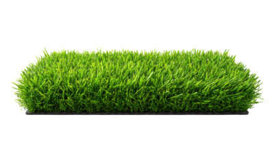 Close-up of a rectangular patch of vibrant green artificial grass, neatly trimmed and sitting atop a dark base