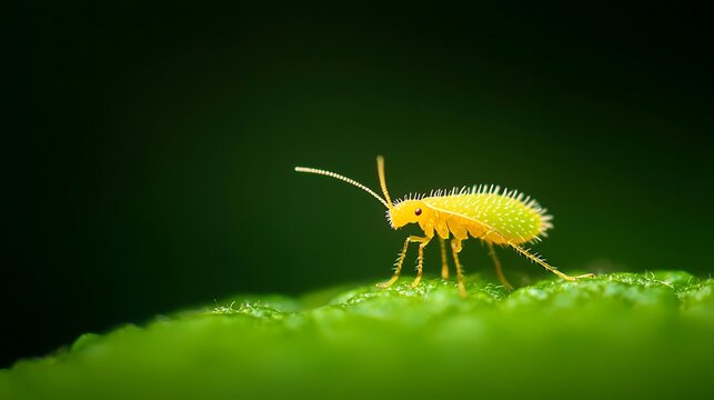 Tiny yellow springtail insect on green leaf macro photography