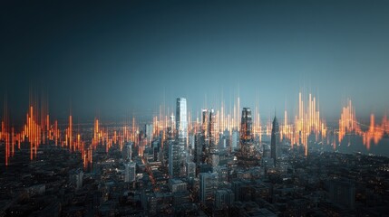 City skyline with vibrant sound wave overlay at dusk shows urban life in action and creativity