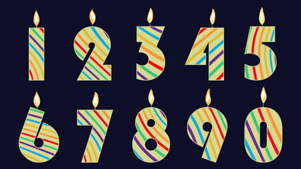 A set of birthday number candles. Colorful lit birthday number candles burning.