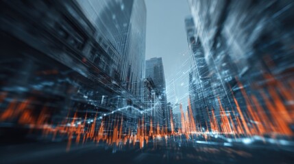 City landscape with futuristic data visualization and financial graphs at dusk creating a dynamic urban scene