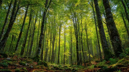 Obraz premium Lush green forest with tall trees and vibrant foliage under bright sunlight in a tranquil wilderness setting