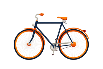 Side view of a vintage-style bicycle with orange rims and a dark blue frame