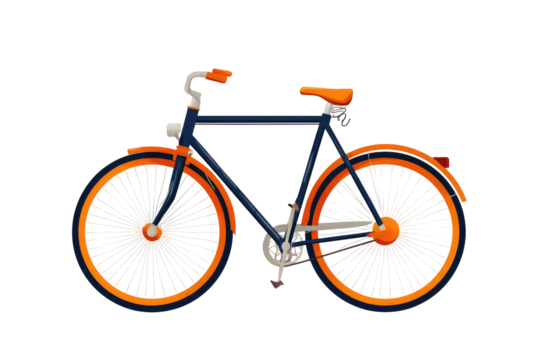 Side view of a vintage-style bicycle with orange rims and a dark blue frame