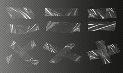 Transparent adhesive tape strips set. Clear plastic scotch pieces with twisted and folded edges. Transparent tape mockup design.