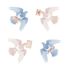 Pigeon post vector illustration. Homing pigeon mail delivery. White and grey doves carrying envelopes, scrolls and parcels in flight.  Priority mail carrier bird. Perfect for World Post Day design.